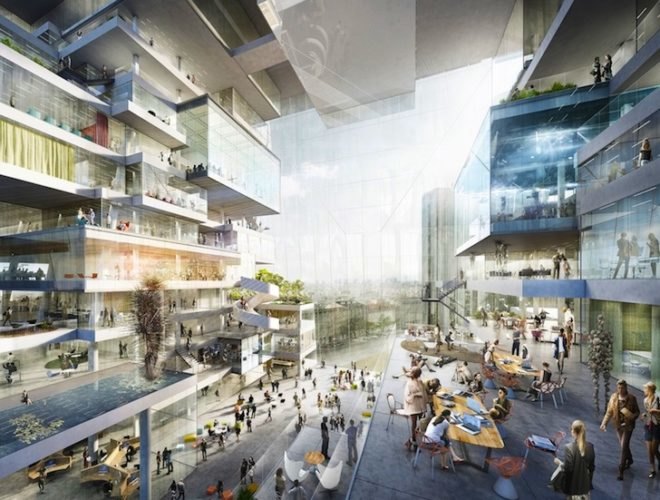 new media campus, axel springer, berlin wall, berlin, Büro Ole Scheeren, big, oma, rem koolhaas, office complex, flexible plan layout, collaborative cloud