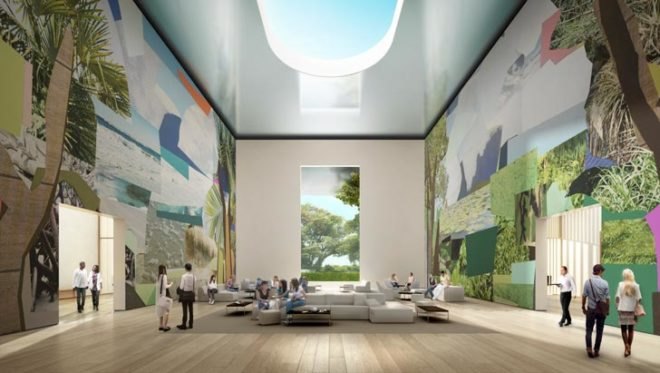 Norton Museum of Art, West Palm Beach, Foster + Partners, Lord Foster, Marion Sims Wyeth, shimmering metal roof canopy, transparent grand hall,