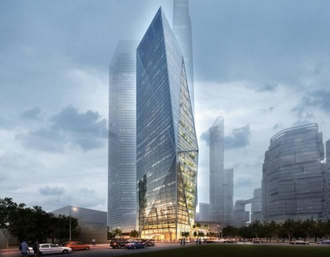 Yongsan International Business district architecture, Harmony Tower in Seoul, tower inspired by YunDeung, tower shaped like traditional Korean paper lanterns, vertical winter gardens, natural ventilation for offices, views over the Han River, Studio Daniel Libeskind,