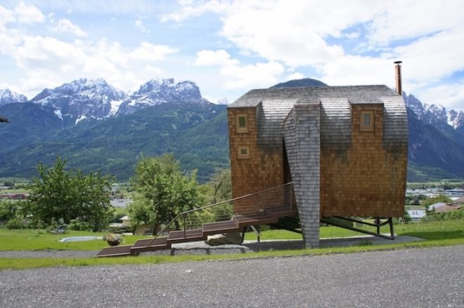 Peter Jungmann, Tiny Cabin, Tiny Home, Tiny House, Tiny Holiday Home, Tiny Holiday Cabin, Uvogel, ufogel, tiny house, holiday home, Tyrolean Mountains, larch wood, austrian landscape, minimalist design, wooden shower, wood burning stove, compact wood house, compact house, tiny home