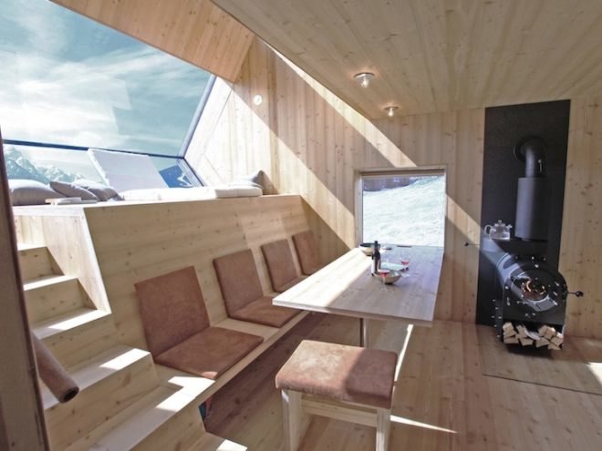 Peter Jungmann, Tiny Cabin, Tiny Home, Tiny House, Tiny Holiday Home, Tiny Holiday Cabin, Uvogel, ufogel, tiny house, holiday home, Tyrolean Mountains, larch wood, austrian landscape, minimalist design, wooden shower, wood burning stove, compact wood house, compact house, tiny home