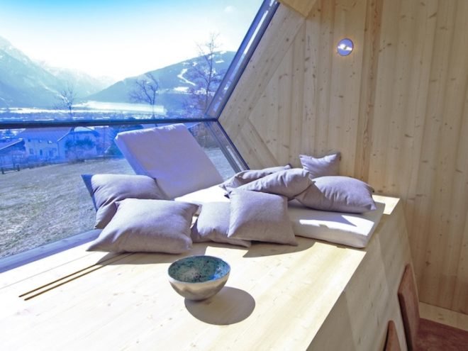 Peter Jungmann, Tiny Cabin, Tiny Home, Tiny House, Tiny Holiday Home, Tiny Holiday Cabin, Uvogel, ufogel, tiny house, holiday home, Tyrolean Mountains, larch wood, austrian landscape, minimalist design, wooden shower, wood burning stove, compact wood house, compact house, tiny home