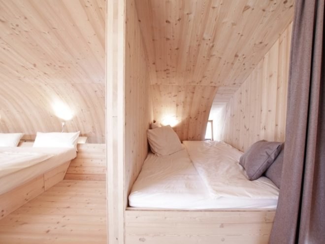 Peter Jungmann, Tiny Cabin, Tiny Home, Tiny House, Tiny Holiday Home, Tiny Holiday Cabin, Uvogel, ufogel, tiny house, holiday home, Tyrolean Mountains, larch wood, austrian landscape, minimalist design, wooden shower, wood burning stove, compact wood house, compact house, tiny home