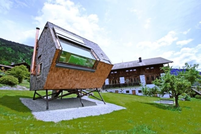 Peter Jungmann, Tiny Cabin, Tiny Home, Tiny House, Tiny Holiday Home, Tiny Holiday Cabin, Uvogel, ufogel, tiny house, holiday home, Tyrolean Mountains, larch wood, austrian landscape, minimalist design, wooden shower, wood burning stove, compact wood house, compact house, tiny home