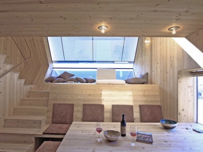 Peter Jungmann, Tiny Cabin, Tiny Home, Tiny House, Tiny Holiday Home, Tiny Holiday Cabin, Uvogel, ufogel, tiny house, holiday home, Tyrolean Mountains, larch wood, austrian landscape, minimalist design, wooden shower, wood burning stove, compact wood house, compact house, tiny home