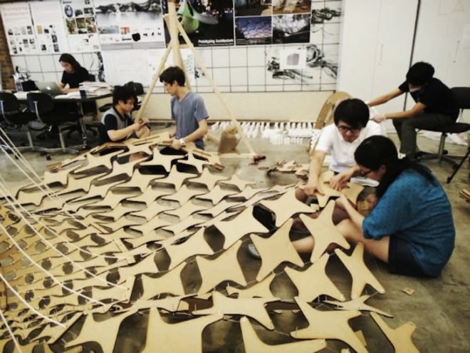 Ninety-Nine Failures Pavilion, kengo kuma, University of Tokyo, Digital Fabrication Lab, tensegrity, tensegrity pavilion, buckminster fuller, yusuke obuchi, grasshopper, kangaroo, prestressed cables