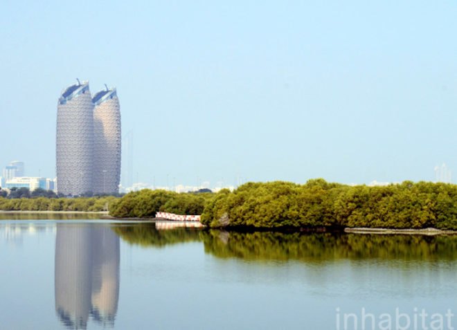 Abu Dhabi, world's largest computerized facade, Abu Dhabi Investment Council, Al Hilal Bank, Aedas Architects, external shading structures, twin towers of Abu Dhabi, mashrabiya screens, Abu Dhabi green design, LEED silver buildings in Abu Dhabi, LEED, green construction, award-winning architecture, Middle East, Gulf Region LEED, green building Gulf Region, energy efficiency, daylighting, reduce solar gain