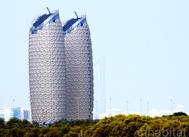 Abu Dhabi, world's largest computerized facade, Abu Dhabi Investment Council, Al Hilal Bank, Aedas Architects, external shading structures, twin towers of Abu Dhabi, mashrabiya screens, Abu Dhabi green design, LEED silver buildings in Abu Dhabi, LEED, green construction, award-winning architecture, Middle East, Gulf Region LEED, green building Gulf Region, energy efficiency, daylighting, reduce solar gain