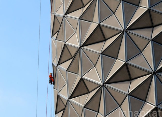 Abu Dhabi, world's largest computerized facade, Abu Dhabi Investment Council, Al Hilal Bank, Aedas Architects, external shading structures, twin towers of Abu Dhabi, mashrabiya screens, Abu Dhabi green design, LEED silver buildings in Abu Dhabi, LEED, green construction, award-winning architecture, Middle East, Gulf Region LEED, green building Gulf Region, energy efficiency, daylighting, reduce solar gain