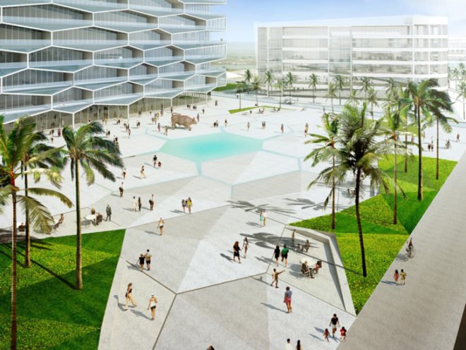 Albany resort Bahamas, BIG resort Bahamas, HKS resort Bahamas, Bjarke Ingels, MDA resort Bahamas, private pool on every balcony, hexagonal building, network of small creeks,