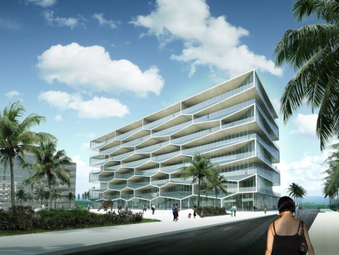 Albany resort Bahamas, BIG resort Bahamas, HKS resort Bahamas, Bjarke Ingels, MDA resort Bahamas, private pool on every balcony, hexagonal building, network of small creeks,