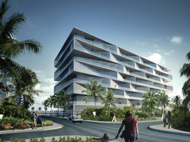 Albany resort Bahamas, BIG resort Bahamas, HKS resort Bahamas, Bjarke Ingels, MDA resort Bahamas, private pool on every balcony, hexagonal building, network of small creeks,