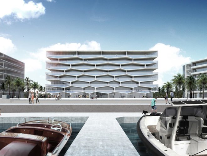 Albany resort Bahamas, BIG resort Bahamas, HKS resort Bahamas, Bjarke Ingels, MDA resort Bahamas, private pool on every balcony, hexagonal building, network of small creeks,
