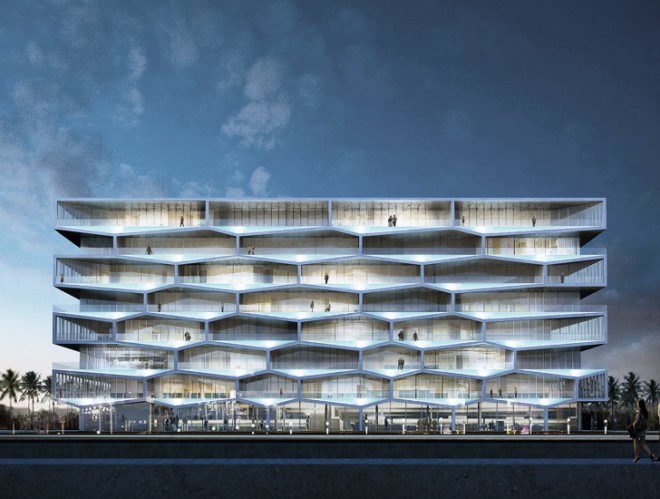 Albany resort Bahamas, BIG resort Bahamas, HKS resort Bahamas, Bjarke Ingels, MDA resort Bahamas, private pool on every balcony, hexagonal building, network of small creeks,