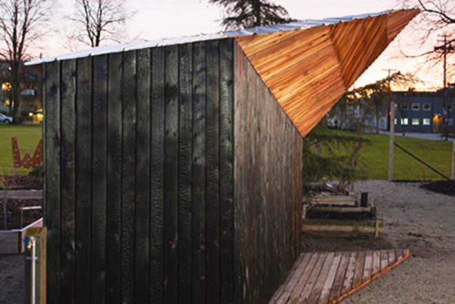 Brendan Callander, wooden shed, Woodlands Community Garden, Vancouver, charring, Shou Sugi Ban, burnt wood, lattice, Shou Sugi Ban, Air quality, Architecture, Green Materials, Daylighting,