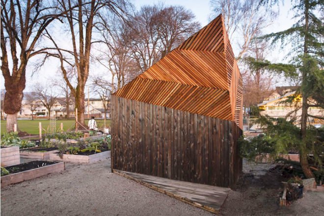 Brendan Callander, wooden shed, Woodlands Community Garden, Vancouver, charring, Shou Sugi Ban, burnt wood, lattice, Shou Sugi Ban, Air quality, Architecture, Green Materials, Daylighting,