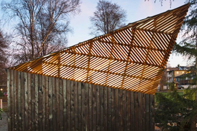 Brendan Callander, wooden shed, Woodlands Community Garden, Vancouver, charring, Shou Sugi Ban, burnt wood, lattice, Shou Sugi Ban, Air quality, Architecture, Green Materials, Daylighting,