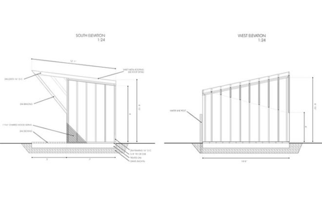 Brendan Callander, wooden shed, Woodlands Community Garden, Vancouver, charring, Shou Sugi Ban, burnt wood, lattice, Shou Sugi Ban, Air quality, Architecture, Green Materials, Daylighting,