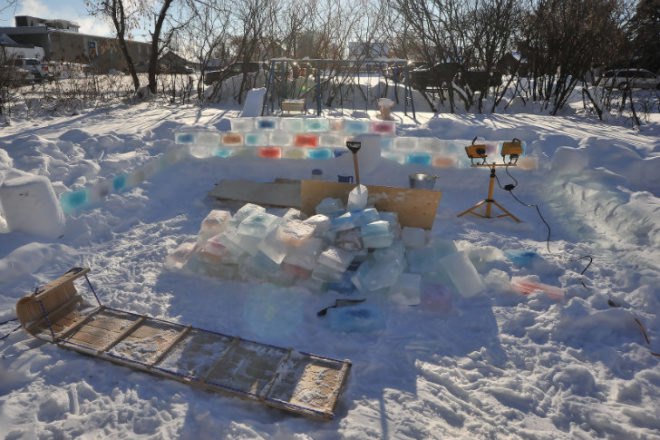 Colorful Ice Fort, Chris Marchand, ice fort, ice sculpture, winter sculpture, ice blocks,