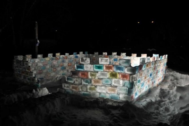 Colorful Ice Fort, Chris Marchand, ice fort, ice sculpture, winter sculpture, ice blocks,