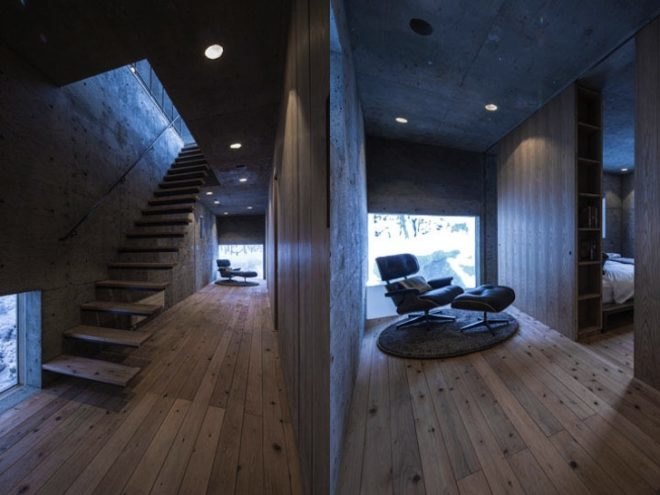 mount yotei, florian busch architects, l house, niseko, hokkaido, escarpment, retaining walls, panoramic views, cantilevered stairs, holiday home
