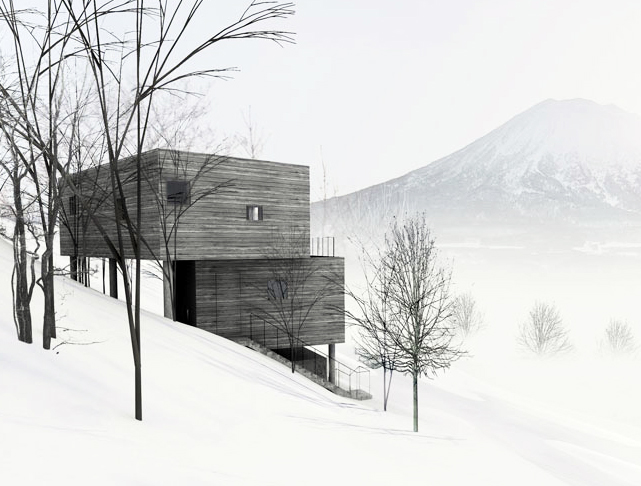 mount yotei, florian busch architects, l house, niseko, hokkaido, escarpment, retaining walls, panoramic views, cantilevered stairs, holiday home