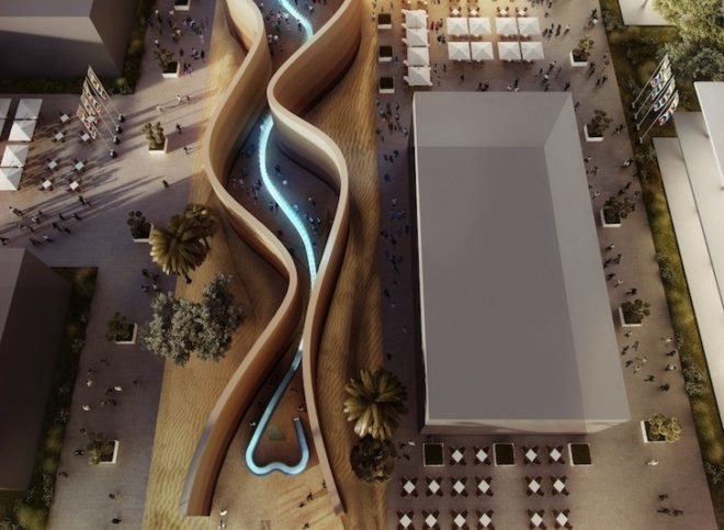 foster + partners, UAE pavilion, 2015 milan expo, LEED Platinum, photovoltaic cells, irrigation aqueduct, Emirati food, sustainable development, sand dunes