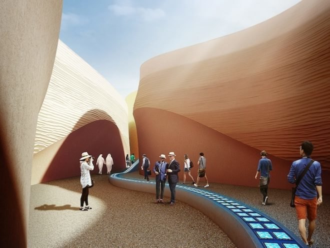 foster + partners, UAE pavilion, 2015 milan expo, LEED Platinum, photovoltaic cells, irrigation aqueduct, Emirati food, sustainable development, sand dunes