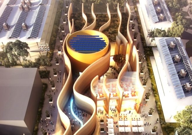 foster + partners, UAE pavilion, 2015 milan expo, LEED Platinum, photovoltaic cells, irrigation aqueduct, Emirati food, sustainable development, sand dunes