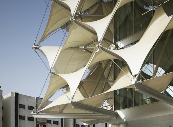 King Fahad National Library, sun shades, saudi arabia, riyadh, cultural center, library, Gerber Architekten, Teflon-coated fiberglass, sun protection, fabric façade