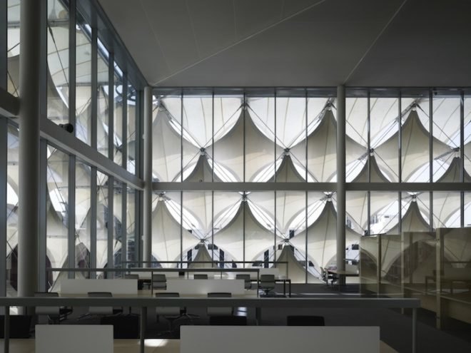 King Fahad National Library, sun shades, saudi arabia, riyadh, cultural center, library, Gerber Architekten, Teflon-coated fiberglass, sun protection, fabric façade