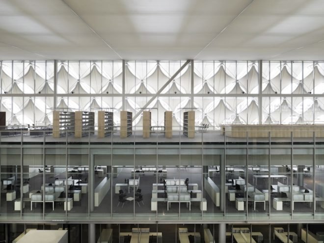 King Fahad National Library, sun shades, saudi arabia, riyadh, cultural center, library, Gerber Architekten, Teflon-coated fiberglass, sun protection, fabric façade