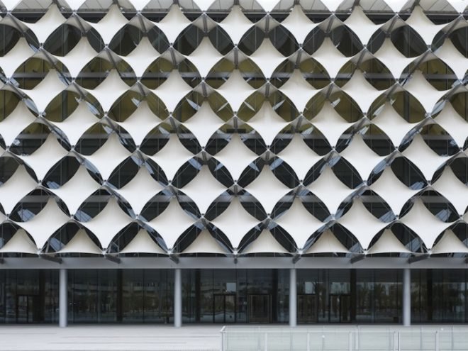 King Fahad National Library, sun shades, saudi arabia, riyadh, cultural center, library, Gerber Architekten, Teflon-coated fiberglass, sun protection, fabric façade