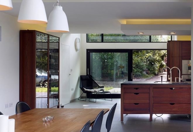 jerry tate architects, edwardian house renovation, hollin house, modern addition to historic home, daylighting, wood panel cladding, triple-pane windows, Hajom windows, energy efficient heating system, underfloor heating, monitoring energy consumption