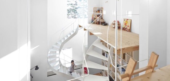 case house, Jun Igarashi Architects, loft house, open floor plan, japanese architecture, cuboid architecture, full height wall partitions, green wall, wooden loft, sapporo, mezzanine