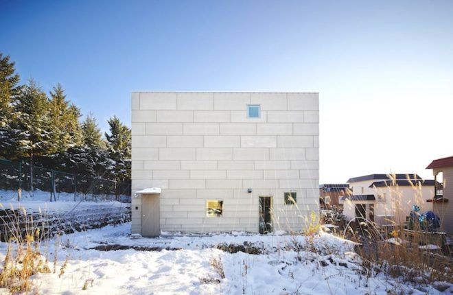 case house, Jun Igarashi Architects, loft house, open floor plan, japanese architecture, cuboid architecture, full height wall partitions, green wall, wooden loft, sapporo, mezzanine
