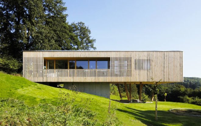 Juri Troy Architects, passive house, wool insulation, fsc wood, House Under the Oaks, Austria, house on stilts, Architecture, Daylighting, Green Materials, energy efficiency