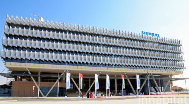 Siemens, Masdar City, LEED Platinum, Estidama, Sheppard Robson, green design, clean tech, energy efficiency, greenest office building in the Middle East, green buildings Middle East, Masdar, Abu Dhabi, green design, sustainable design, parametric analysis, external shading, fin shades, Middle East architecture, sustainability in the Middle East, Masdar buildings, new Masdar buildings, Masdar City partners