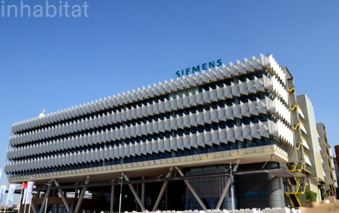 Siemens, Masdar City, LEED Platinum, Estidama, Sheppard Robson, green design, clean tech, energy efficiency, greenest office building in the Middle East, green buildings Middle East, Masdar, Abu Dhabi, green design, sustainable design, parametric analysis, external shading, fin shades, Middle East architecture, sustainability in the Middle East, Masdar buildings, new Masdar buildings, Masdar City partners