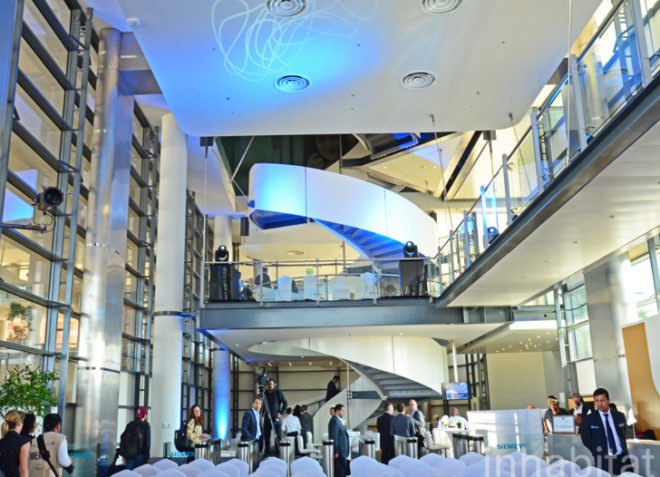 Siemens, Masdar City, LEED Platinum, Estidama, Sheppard Robson, green design, clean tech, energy efficiency, greenest office building in the Middle East, green buildings Middle East, Masdar, Abu Dhabi, green design, sustainable design, parametric analysis, external shading, fin shades, Middle East architecture, sustainability in the Middle East, Masdar buildings, new Masdar buildings, Masdar City partners
