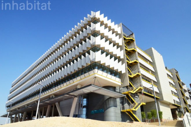 Siemens, Masdar City, LEED Platinum, Estidama, Sheppard Robson, green design, clean tech, energy efficiency, greenest office building in the Middle East, green buildings Middle East, Masdar, Abu Dhabi, green design, sustainable design, parametric analysis, external shading, fin shades, Middle East architecture, sustainability in the Middle East, Masdar buildings, new Masdar buildings, Masdar City partners