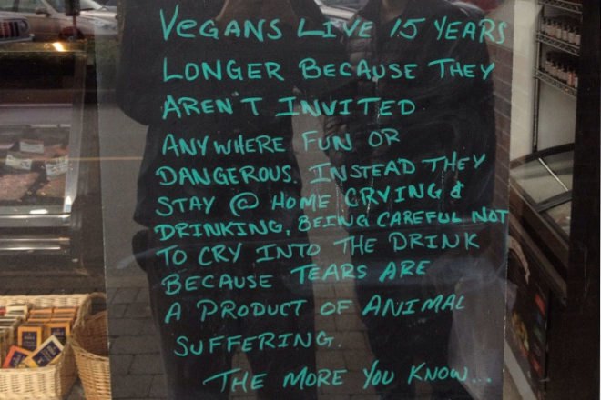 vegan humor, vegan joke, vegan comedian, Myq Kaplan, viral image, butcher shop, windsor meats