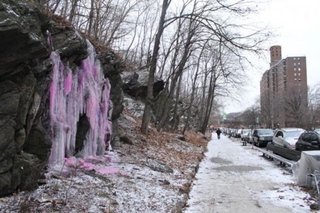 Luis Baez-Correa, highbridge park, pink waterfall, colorful waterfall, frozen waterfall, pink waterfall at highbridge park, green art, art nyc, nyc art