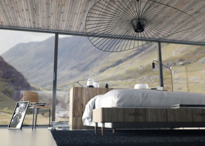 green design, eco design, sustainable design, Benoit Challand, Scottish Highlands, Le Corbusier, Santiago Calatrava, Self Sustaining home, wind turbine home, house on stilts