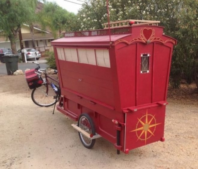 Barry Howard, architecture, tiny homes,micro wagon, bicycle micro gypsy wagon, sustainable materials, bicycle wagon, green transporation, traveling artist, little red artist's wagon