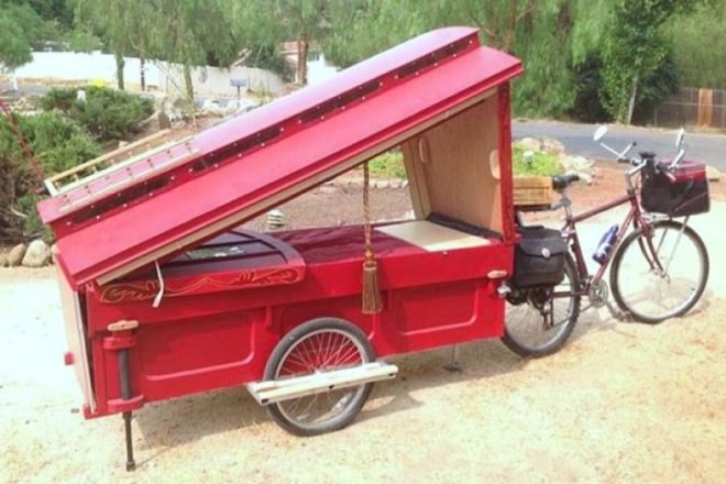 Barry Howard, architecture, tiny homes,micro wagon, bicycle micro gypsy wagon, sustainable materials, bicycle wagon, green transporation, traveling artist, little red artist's wagon