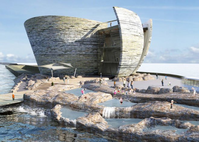Juice Architects, Off-Shore Tidal Lagoon Visitors Centre, green architecture, sustainable architecture, green design, sustainable design, green building, energy-generating lagoon, renewable energy, oyster, oyster building