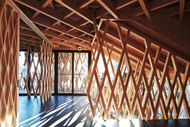 Kengo Kuma, wooden lattice, Sunny Hills, cake shop, Tokyo, Japanese architecture, sweet shop design, basket inspired, gallery, Architecture, Green Materials, green Interiors,