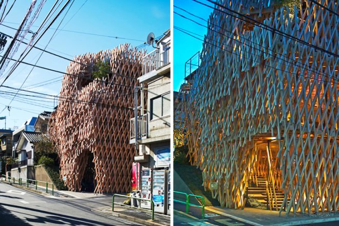 Kengo Kuma, wooden lattice, Sunny Hills, cake shop, Tokyo, Japanese architecture, sweet shop design, basket inspired, gallery, Architecture, Green Materials, green Interiors,