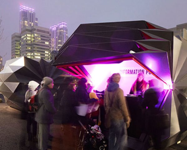 Make, origami structure, Origami Kiosks, recyclable aluminum, London, foldable shelters, foldable architecture, Architecture, Prefab Housing, Recycled Materials